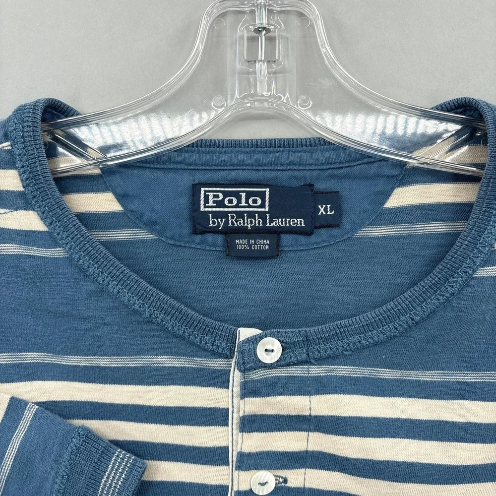 Polo Ralph Lauren Shirt Mens XL Blue Stripe Henley Knit Short Sleeve Cotton VTG